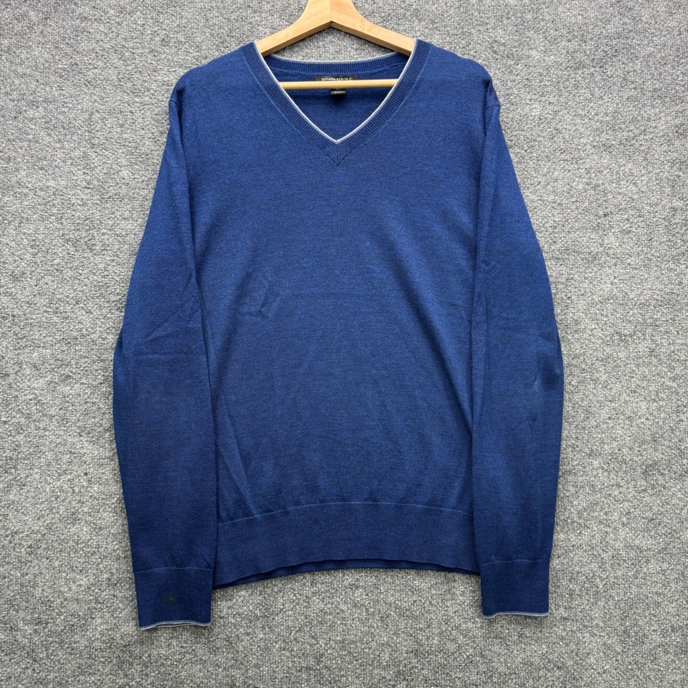 Banana Republic Extra Fine Merino Sweater Men L Blue Long Sleeve Slim Fit V-Neck